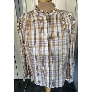 Gap Womens Plaid Button Up Shirt Size Medium Ruffle Neck Neutral Country Western